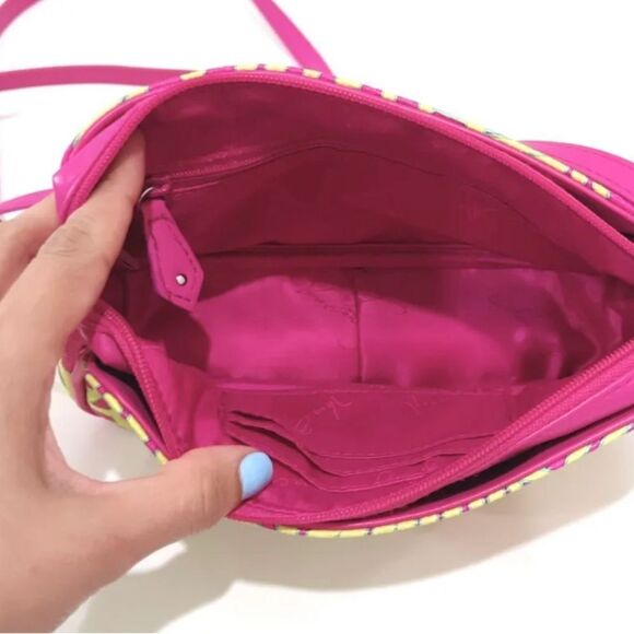 EUC Vera Bradley Pink & Neon Green Palm Fronds Faux Leather Small Crossbody Bag - Picture 5 of 8